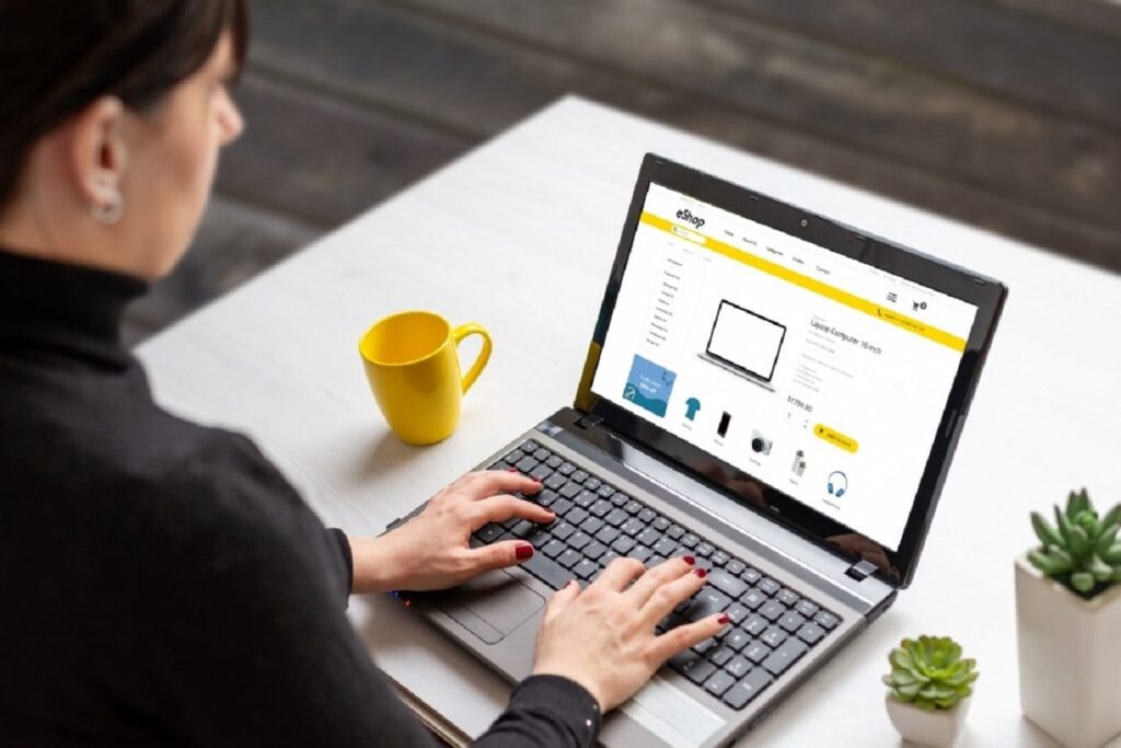 A woman in front of her computer.