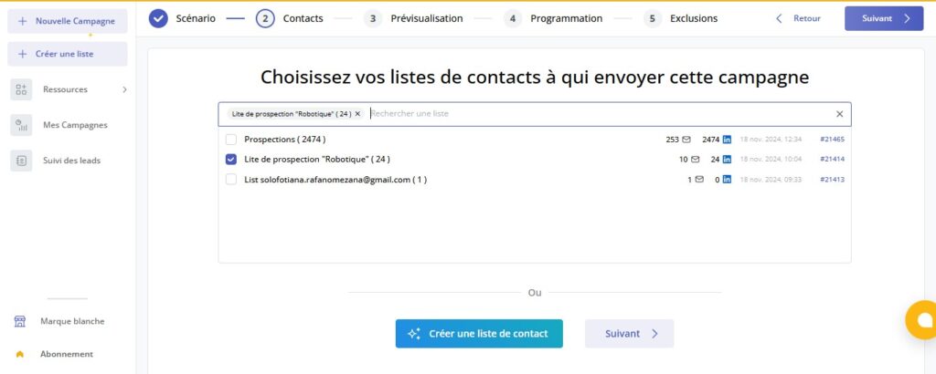 Elegir listas de contactos en Magileads
